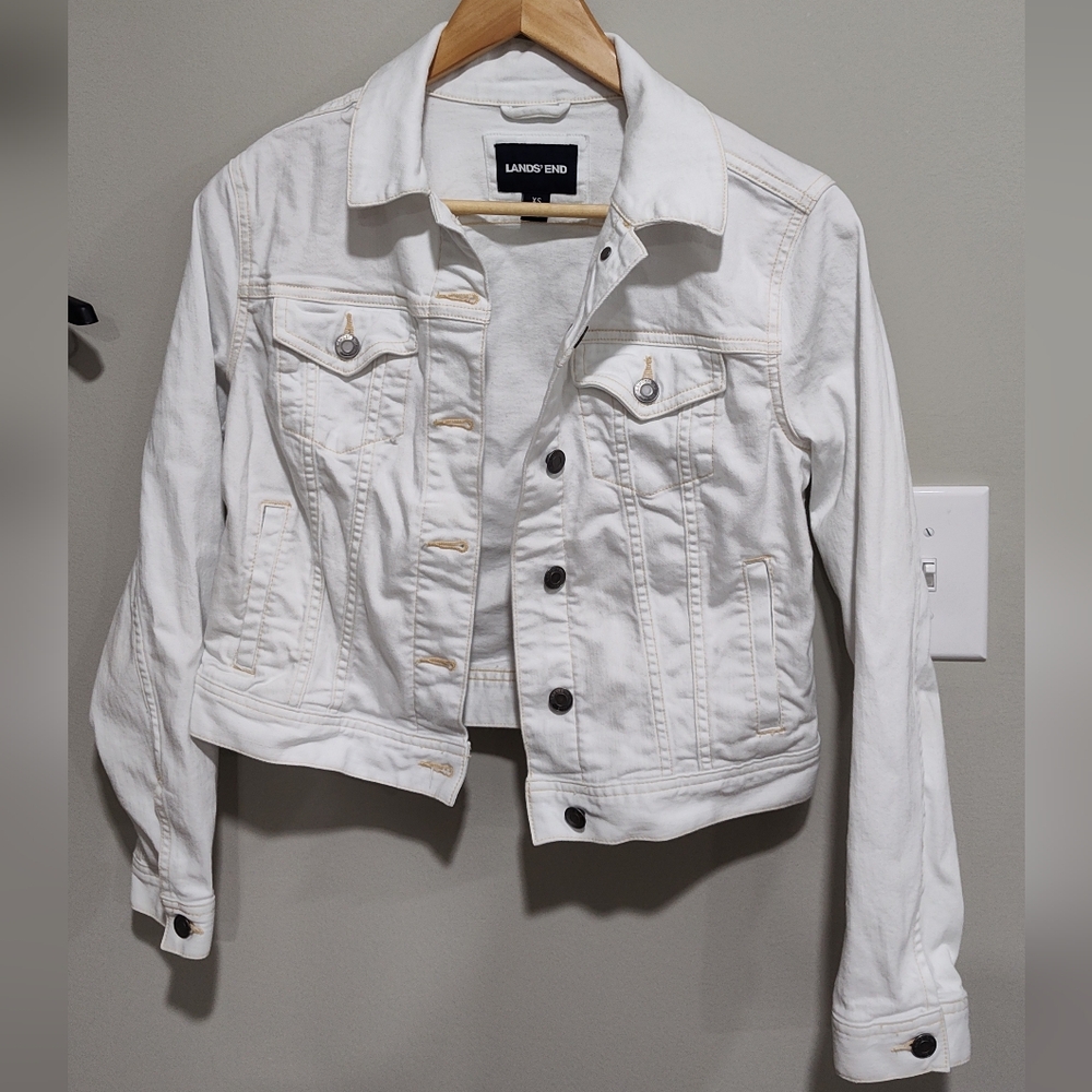 Lands' End Denim Jacket Women's Sz XS 2-4 White Button Down - super cute - Picture 1 of 5